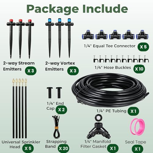 50FT Drip Irrigation System for Starter: Small Garden Quick Connect 1/4" PE Water Tubing Automatic 11Pcs Sprinkler Kit Adjustable Misting Part Watering Hose Outdoor Raised Bed Plants Flower Greenhouse - size: 50FT