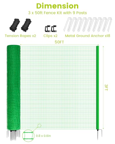 3'x50' Temporary Fence with Posts, Dog Fencing, Garden Fence Animal Barrier