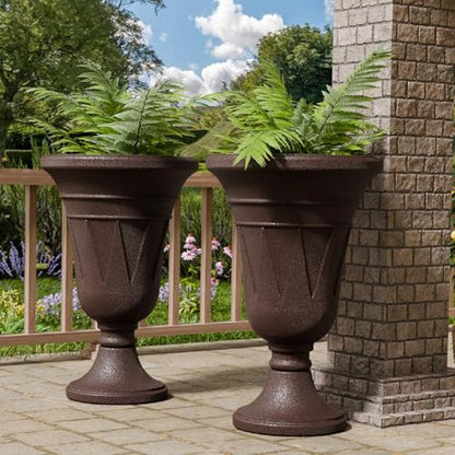 Tall Plastic Urn Planters and Pedestal - 24" Outdoor Planter Brown - color: Brown-trophy