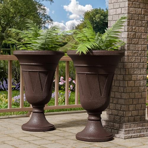 Tall Plastic Urn Planters and Pedestal - 24" Outdoor Planter Brown - color: Brown-trophy