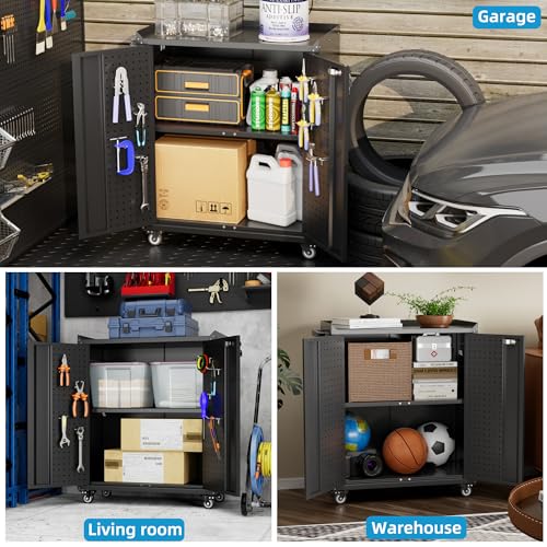 Aobabo Metal Storage Cabinet, 31.5" H x 26" W Rolling Tool Cart with Lock - color: Black, size: 13.8"D x 26"W x 31.5"H-0 Drawers