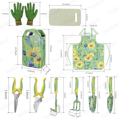 10 Piece Garden Tools Set, Gardening Hand Tools Kit with Heavy Duty Rust-Proof Aluminum Tools, Organizer Tote Bag, Apron, Gloves & Kneeling Pad, Ideal Gardening Gifts for Women, Mom, Grandma & Wife - color: green floral-10pcs