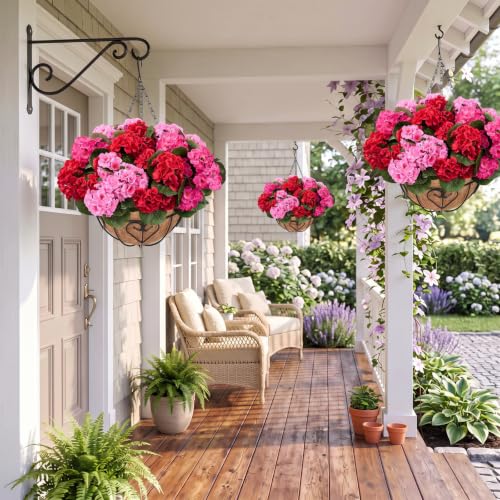 Suncalla 3 Set Artificial Geranium Flowers with Hanging Baskets - color: Colorful, size: Geraniums