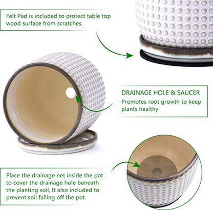 D'vine Dev Beaded Ceramic Pot with Saucer, 4 in, Smoked White, 27-C-Z-1 - color: Smoked White, size: 4.3 Inch