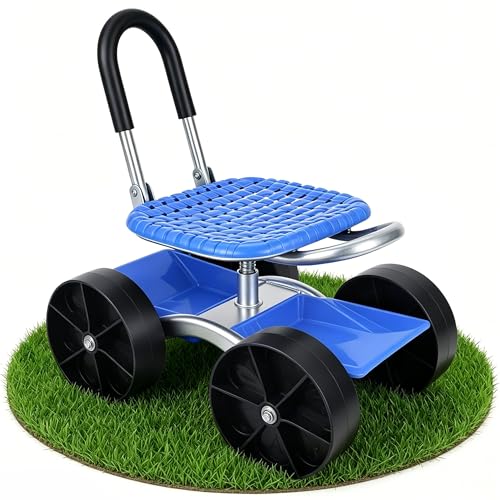 Rolling Garden Cart with 360° Swivel Seat, Garden Stool with Under-Seat Tray, 6” All-terrain Wheels, Height Adjustment, Use for Patio, Yard, and Outdoors, Gardening Gifts for Women, Parents, Seniors - color: Blue
