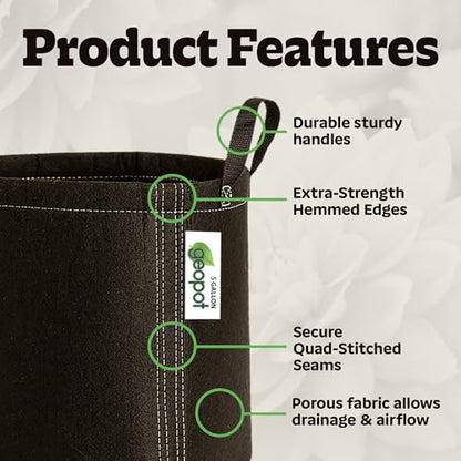 GeoPot 5 Gallon Fabric Grow Bags with Handles - 10-Pack - Breathable, Aerated, Portable - Black - Ideal for Vegetables, Herbs, Flowers & Houseplants - Indoors & Outdoors - size: 5 Gallon (10-Pack), style: With Handles