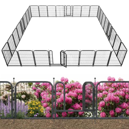 Decorative Garden Metal Fence 72ft (L)×40in (H) with 28 Panels 4 Gate Outdoor, No Dig Rustproof Wire, Animal Barrier Fencing for Outdoor Yard Patio Flower Bed,（Black-Silver） - size: 40in(H)x72ft(L)
