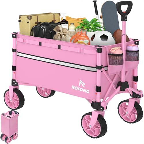 ROSONG Collapsible Wagon Cart with Wheels Foldable - Folding Utility Heavy Duty Wagons Carts for Grocery Sports Garden Shopping Camping Wheelbarrows (Pink, 120L) - color: Pink, size: 120L