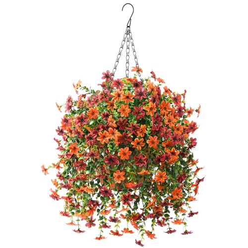 IINQCMY Artificial Flowers Fall Hanging Baskets Outdoors Fake Mums - color: Orange Brown