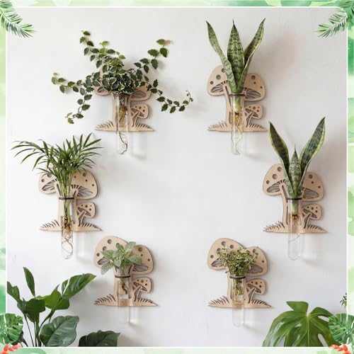 Set of 6 Mushroom Propagation Stations, Hanging Propagation Station and Wall Planters for Indoor Plants Wooden Hanging Planter, Boho Wall Decor Cute Indoor Small Plant Holder Gifts for Women