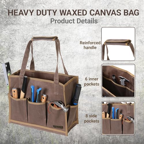 Heavy-Duty Waxed Canvas Tool Pouch - 14-Pocket Garden Tool Organizer with Removable Handle | Multi-Compartment Storage Bag for Tools (14.5" x 11" x 6.5", Grey) - color: Grey