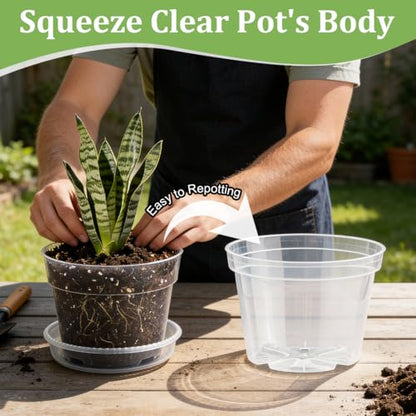 RooTrimmer 15 Pack 8/7/6 Inch Clear Nursery Pots with Saucer, Transparent Plastic Plant Pot with Drainage Hole, Sturdy Planting Starter Pots for Gardening Flower Herb Vegetable - color: Clear, size: Mix 6/7/8 Inch 15 Pack