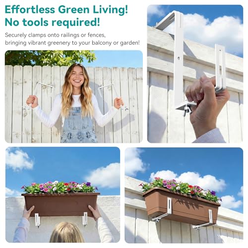 Adjustable Planter Box Brackets,Enhanced Bottom Support,Universal Outdoor Hanging Brackets,Flower Box Brackets for Fence Railings, Windowsill, Patio, Garden,Balcony. (White) - color: White