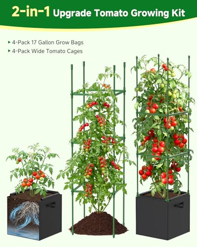 4 Pack Square Tomato Trellis Cages 55 Inch Height, with 17 Gallon Square Grow Bags (12×12in), Heavy Duty Tomato Plant Support Stakes for Outdoor Garden Climbing