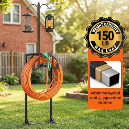 Garden Hose Holder, Water Hose Stand for Outside with 4 Stake and 2 Shepherds Hooks, Freestanding Hose Storage Holds 150Ft, Heavy-Duty Metal Hose Hanger Rack for Yard, Lawn, Farm