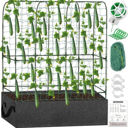 Cucumber Trellis for Climbing Plants Outdoors, U-Shape Large Garden Frame Trellis with Planter for Raised Bed Vegetable Fruit Grow Support,65 (H) x 50(L) inches, Includes Netting Ties Gardening Tools - color: U-Frame 65'' (H) X 50'' (L)+Raised Bed