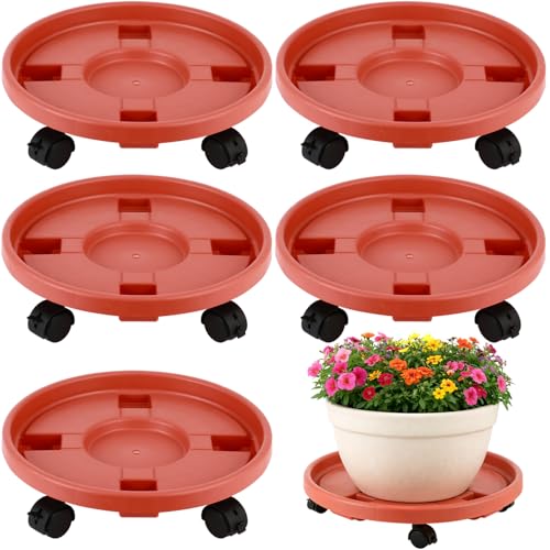 5-pack 11.8" Large Plant Caddy with Wheels Plastic Plant Dolly with Caster Flower Pot Mover Rollers Wheeled Rolling Plant Stands Round Plant Saucer Indoor Outdoor Base Coasters,Terracotta red - color: Vintage red, size: 11.8"/ 5 packs