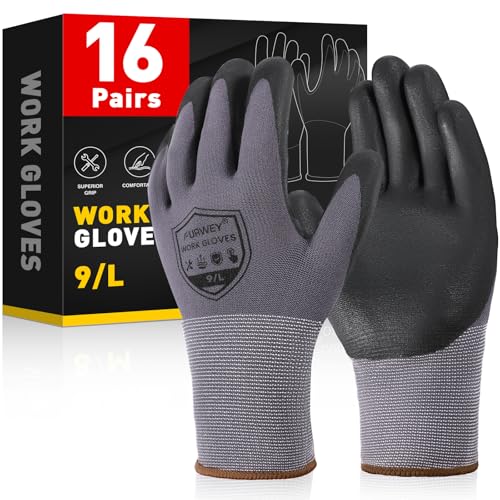 FURWEY Work Gloves, 16/32Pairs Nitrile, Seamless Nylon Knit - color: Black Gray, size: Medium