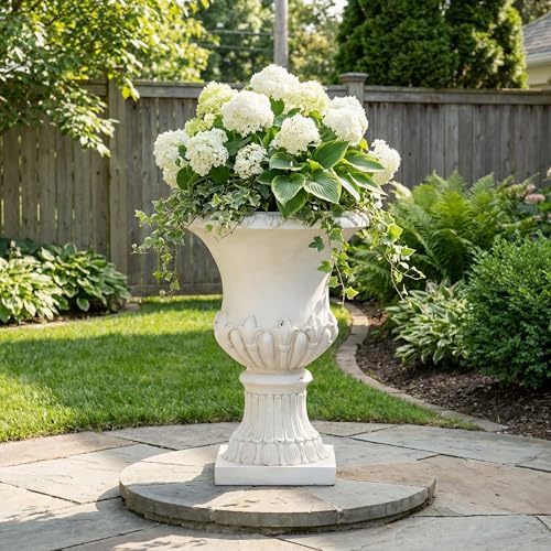 Christopher Knight Home 24.8 Inch Vintage Fleur-de-Lis Pedestal Urn Planter, Outdoor MGO Flower Pot, Faux Stone Garden Planter for Patio, Porch, Entryway and Yard, Antique White - color: Antique White, Fleur-de-lis
