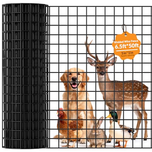 Welded Wire Fencing 6.5 Foot x 50 Foot,1 Inch x 1 Inch 16GA Black PVC Wire Fence,Vinyl Coating Metal Wire Mesh for Yard Vegetable Protection Goat & Poultry Netting - size: 6.5x50ft