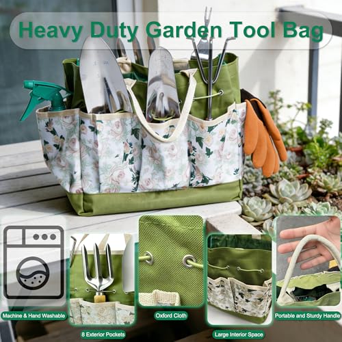 Garden Tool Set, 9 Pcs Heavy Duty Stainless Steel Gardening Hand Tool, Green Garden Tool Bag Kit, Gardening Supplies Gifts for Women Men Mom Dad Gardener Beginner - color: Green-Yellow Flower