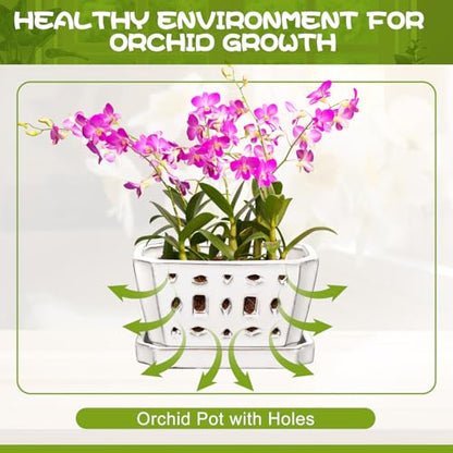 Teenyyou 7 Inch Ceramic Orchid Pot with Holes and Saucer Repotting,White - color: White