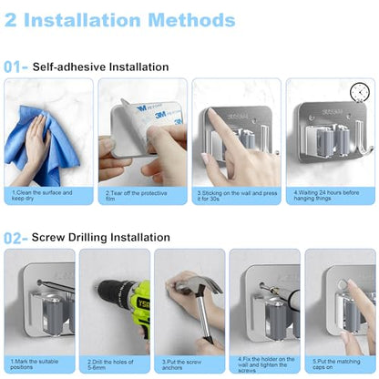 2 Pack Broom Holder Wall Mount, 304 Stainless Steel Mop Organizer with Hook - color: A-Silver, size: 2PCS Gripper