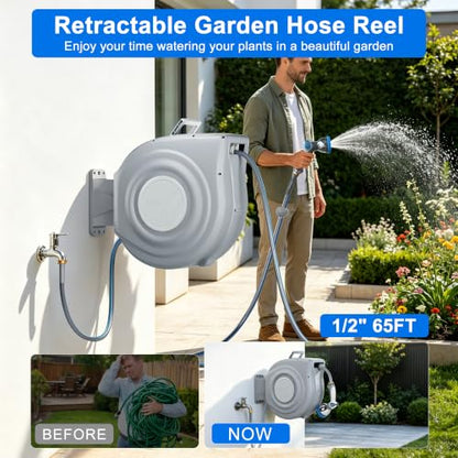 Retractable Garden Hose Reel, 1/2 in x 65 ft Wall Mounted Hose Reel - color: Light Gray, size: 1/2 in x 65 ft