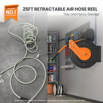 Giraffe Tools Retractable Air Hose Reel 25ft 3/8" Hybrid Hose Garage - size: 25ft