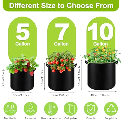 6-Pack 5 Gallon Grow Bags - 300G Heavy Duty Aeration Fabric Pots with Handles,Thickened Nonwoven Planter Bags for Vegetables Flowers Fruits - color: Black, size: 5 Gallon