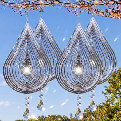 4 PCS 19" 3D Hanging Wind Spinners Water Droplets Stainless Steel Double Sided Hanging Decor for Outdoor and Gardens, Bird Devices Deterrent to Scare Birds Away from Yard Patio Farm