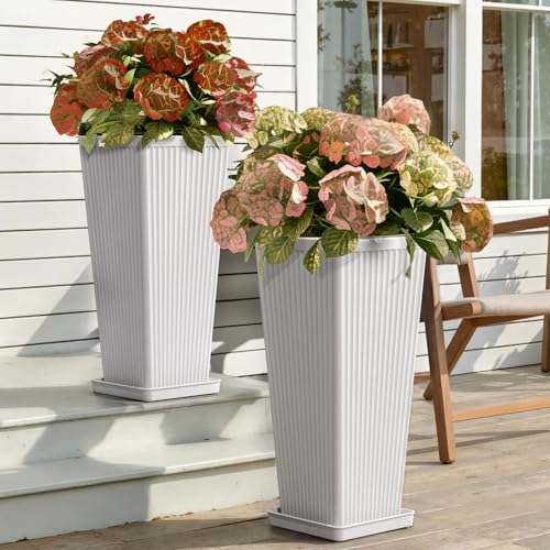 Square Tall Planters for Outdoor Plants with Tray - 24" White 2Pack - color: White-f