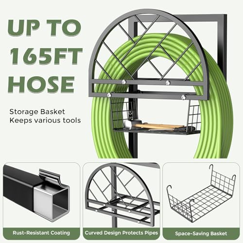 Garden Hose Holder Heavy Duty Water Hose Holder with Storage Basket,Holds Up to 165FT Hose, Freestanding Outdoor Hose Hanger with 4 Spikes Sturdy Hose Stand, for Outside Yard Lawn Patio - color: All Black