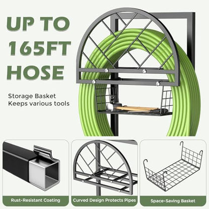 Garden Hose Holder Heavy Duty Water Hose Holder with Storage Basket,Holds Up to 165FT Hose, Freestanding Outdoor Hose Hanger with 4 Spikes Sturdy Hose Stand, for Outside Yard Lawn Patio - color: All Black
