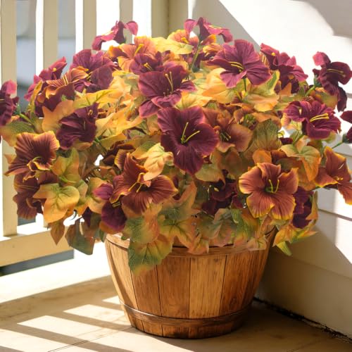UV Resistant Artificial Outdoor Petunias, Faux Fall Flowers for Planters - color: Fall Brown Red