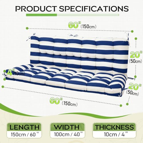 Oxford Fabric Swing Cushions with Backrest & Tie Straps for Patio Bench - color: Navy-white Stripe