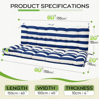 Oxford Fabric Swing Cushions with Backrest & Tie Straps for Patio Bench - color: Navy-white Stripe