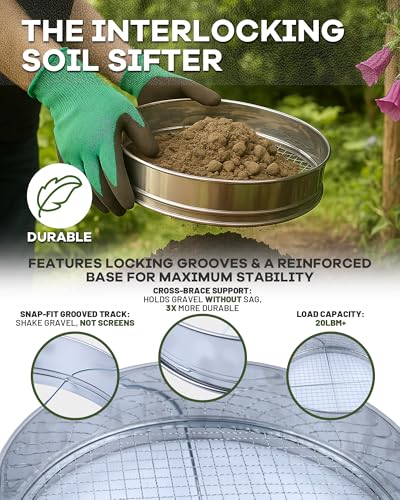 5-in-1 Soil Sifter Set with 5 Replaceable Stainless Steel Mesh Screen & Shovel (1/8" to 1/2"), Soil Sifter for Soils, Compost, Bonsai, Cat Litter and More（11-5/8" Diameter）