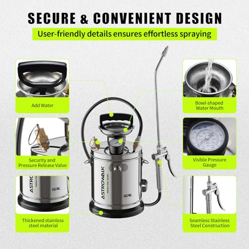 1 Gallon Pump Sprayer, Heavy Duty Stainless Steel Garden Sprayer with 14" All-Steel Wand & 4FT Reinforced Hose for Lawn Care, Weed Control & Pest Control, Includes Viton & EPDM Seals, Gloves - size: 1G/4L