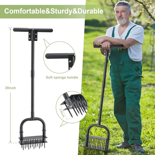 Lawn Aerator,39 inch Long Aerator Lawn Tool,Save Labour Core Aerator with 14 Steel Spikes,Manual Push Grass Aerator for Lawn and Garden,Yard - size: 39 inch