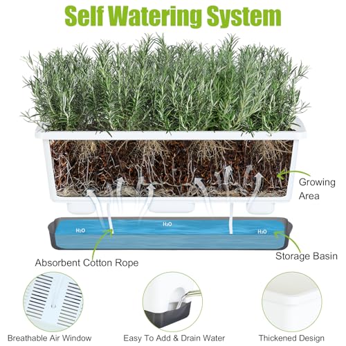 Window Box Planter 4 Packs, 17 Inches Rectangle Flower Pots with Drainage Holes & Trays, Pots for Vegetables, Herbs, Flowers, Garden Windowsill Balcony (White, 17 * 5.1 * 6 inch) - color: White