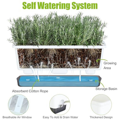 Window Box Planter 4 Packs, 17 Inches Rectangle Flower Pots with Drainage Holes & Trays, Pots for Vegetables, Herbs, Flowers, Garden Windowsill Balcony (White, 17 * 5.1 * 6 inch) - color: White
