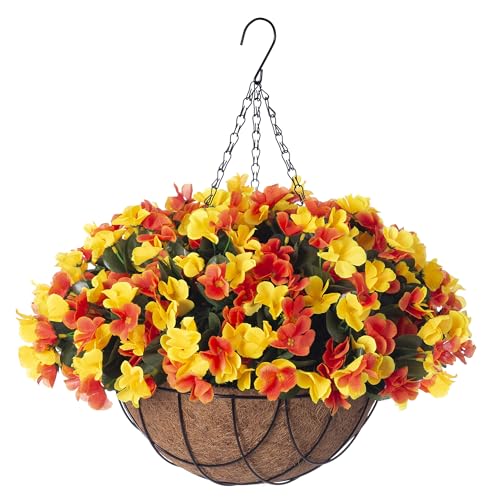 Artificial Fall Hanging Flowers with Basket for Outdoor UV Resistant - color: A-orange