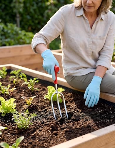 T-Handle Hand Garden Fork for Hard Soil - Ergonomic 3-Prong Weeding & Cultivating Tool - Heavy Duty Stainless Steel Soil Loosener for Potted Plants, Balcony, Camping, Loosening Soil, Weeding, Planting
