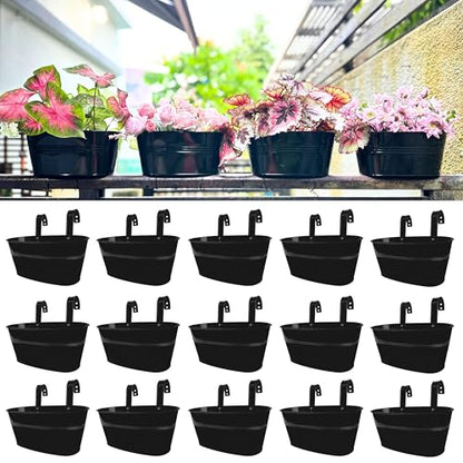 LaLaGreen Outdoor Plants Rail Planter (11.2 Inch, 15 Pack) Black Metal Iron Hanging Flower Pots Deck Railings Fence Buckets Modern Boho Style Wall Mount Window Box Plant Holder Hooks Porch Home Decor - size: 11.2" (28cm) x 15 Pack