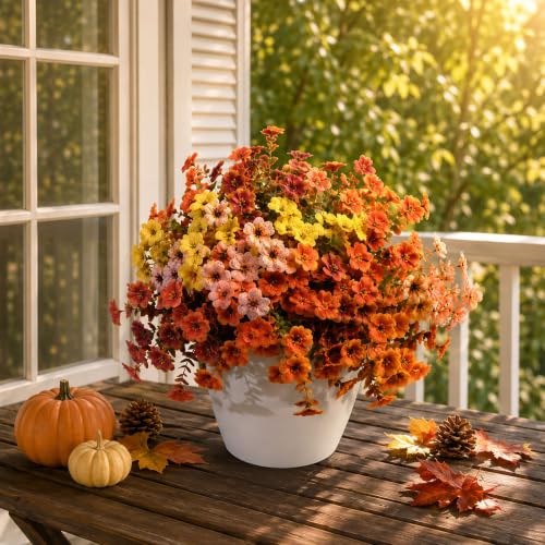 15 Bundles 4-Color Fall Artificial Flowers,Faux Mums for Outdoor Planters - color: 4tone:red,orange,pink,yellow