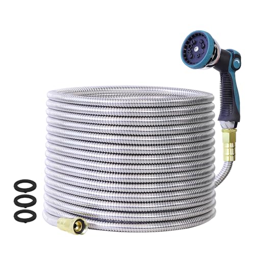 75FT Garden Hose, Stainless Steel Water Hose, Metal Hose Flexible with a 10-Mode Nozzle Sprayer, No Kink, Lightweight, Puncture Proof, Ideal for Yard, Lawn, Outdoor, 5/8'' Outside Diameter - size: 75 Feet