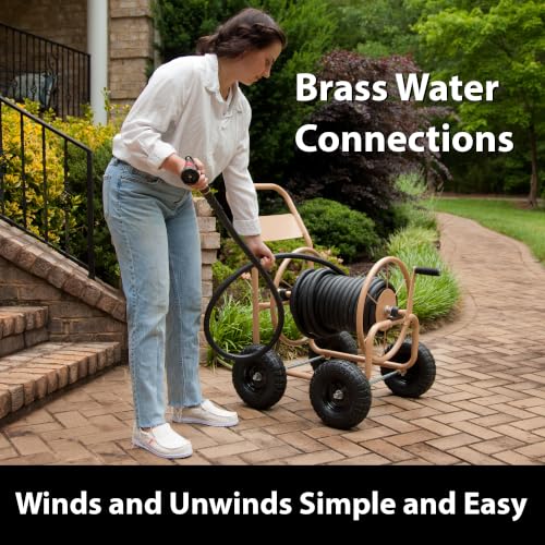 Liberty Garden Industrial 4 Wheel 300 Foot of 0.625 Inch Hose Steel Frame Water Hose Reel Cart for Backyard, Garden, or Lawn, Beige