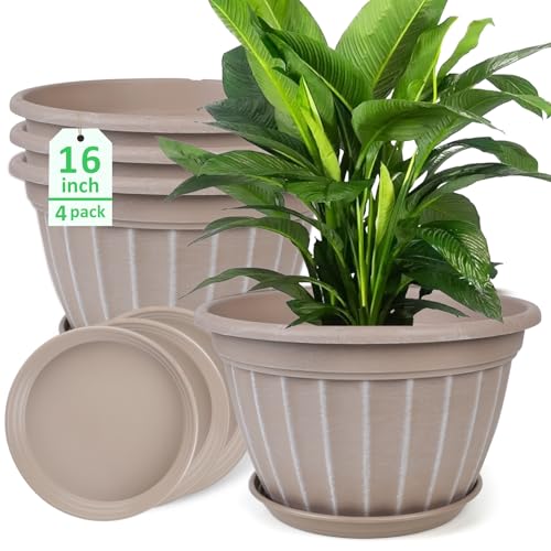 4 Pack 16 inch Plant Pots, Retro Vertical Stripe Flower Pots Outdoor - color: Beige, size: 16 inch-4 pack