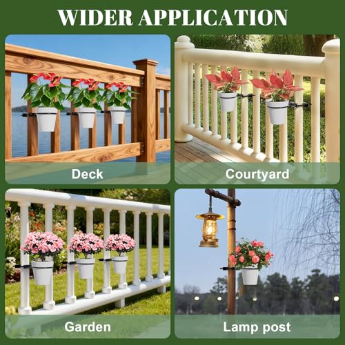 Hanging Flower Pots Holder, 2 Set Deck Railing Plant Container Holder with Pot, Pipe Clip Fence Planters Tray for Indoor & Outdoor Fence Balcony Patio Porch Railing